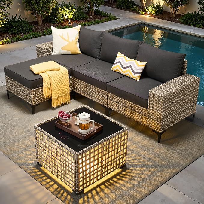 Patio Furniture Set, 5 Pieces Outdoor Wicker Conversation Sets with Coffee Table Outdoor Sectional Sofa for Balcony Backyard Poolside Garden Lawn (Black)