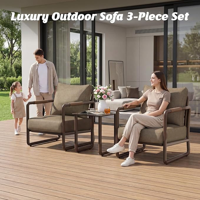 Outdoor Aluminum Patio Furniture Set with 43" Fire Pit Table,5-Seat Outdoor Conversation Set with 6.5" Thick Cushions & Coffee Table, All-Weather Patio Set for Backyard，Brown