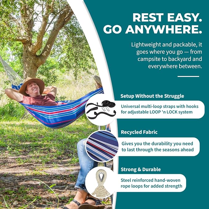 Bliss Hammocks 40" W Single Outdoor Hammock with Hand-Woven Rope Loops & Tree Straps, Patio, Durable, Cotton/Polyester, 220 Lbs Capacity, Patriot Stripe