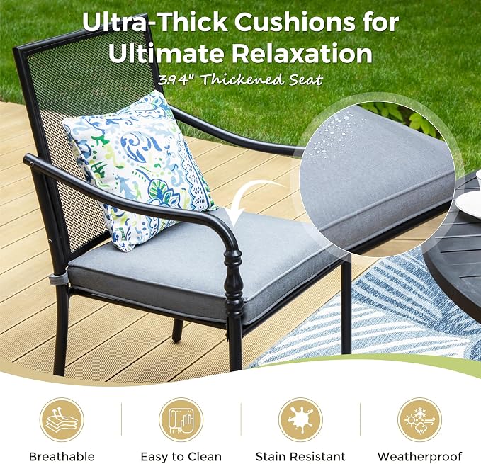 MIXPATIO 5 Piece Patio Metal Dining Set, Outdoor Table and Chairs for 4, Powder-Coating Steel Chairs with 4" Thickened Cushions, 42" Round Table with 1.57" Umbrella Hole for Deck, Backyard