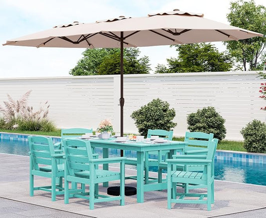 SERWALL 8-Pc HDPE Dining Set, 1 Table, 1 Umbrella & 6 Chairs, Aruba | Patio Dining Set with Umbrella, 67"Rectangular Table & 6 Chairs & 15FT Umbrella, All Weather Dining Furniture