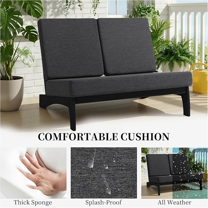 All Weather Patio Furniture Sets, 4 Pieces Black Wood Outdoor Sectional Futniture Patio Sofa Chair Backyard Conversation Set with Solid Wooden Coffee Table - Dark Gray