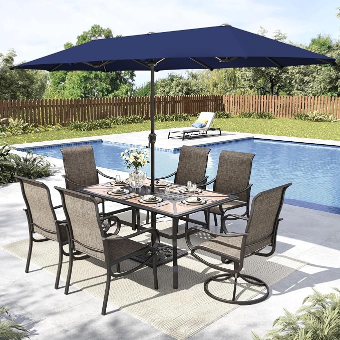 MFSTUDIO Outdoor Dining Set with Umbrella, Patio Dining Set for 6 Persons, Patio Furniture Set with 1 Rectangular Table Fixed Chairs 2 Swivel Chairs & Navy Blue Umbrella (Base not Included)