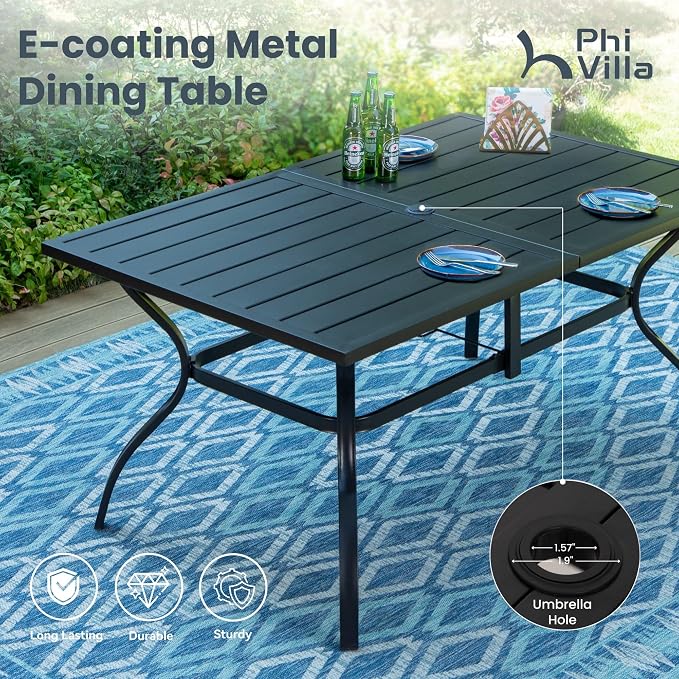 PHI VILLA Outdoor Dining Set for 6 with Beige Umbrella & Swivel Chairs | Padded textilene, High back & Ergonomic, Rectangular metal table, Weather-resistant, Patio backyard deck, No Umbrella Base