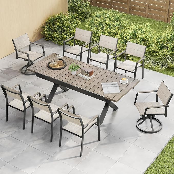 Outdoor Dining Set, 9 Piece Expandable Dining Table and Patio Swivel Chairs Set, Aluminum Patio Furniture Set for Table with Umbrella Hole and 8 Chairs for Patio, Garden, Lawn, Deck(Grey)