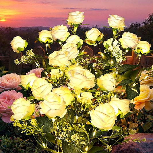 GIGALUMI Solar Lights Outdoor for Garden Decor, 4 Pack Solar Flower Lights Waterproof, 2 Lighting Modes 28 Roses for Pathway,Yard, Patio Decoration, Gardening Gifts for Women (White)