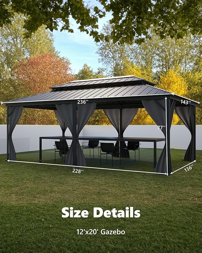 GarveeLife 12 ft x20 ft Hardtop Gazebo for All Weather, with Double Metal Roof, Aluminum Alloy Frame, Net, and Curtain, Permanent Building for Patio, Deck, Backyard, Lawn, and Garden, Gray