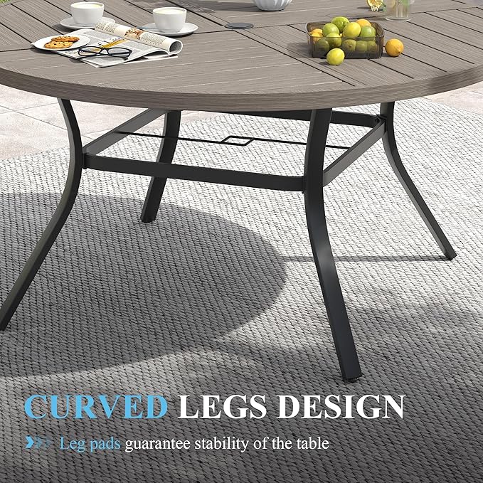 VICLLAX Patio Dining Set for 6, 6 Seats Outdoor Furniture Includes 53.1" Round Patio Table and Swivel Padded Chairs, Grey Wood Grain Tabletop and Grey Fabric
