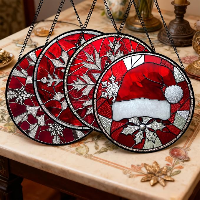 DASTOLL Stained Glass Window Hanging 4 Pcs Set Red Christmas Decorations Theme 7.8" - Suncatcher Door Garden Sun Catcher Decor Birthday for Mom Woman Nana Men Friend Wife