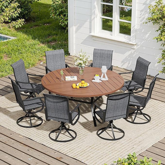 VICLLAX 9 Pieces Patio Dining Set, Patio Furniture Set of 8 Patio Swivel Dining Chairs and 60" Patio Spliced Round Tabletop, Mixed Brown Chairs & Walnut Tabletop
