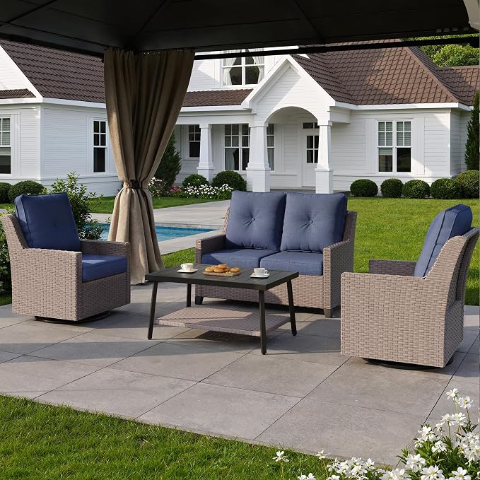 NestNook 4 Piece Patio Furniture Set, Outdoor Rattan Swivel Glider Chairs Set of 2 with Loveseat and Coffee Table Wicker Patio Conversation Set for Backyard Balcony & Poolside（Blue）