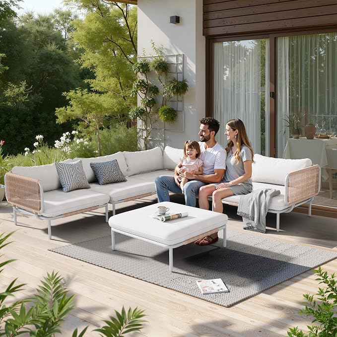 Patio Furniture Set, Outdoor Patio Furniture Oversized Metal Single Sofa, 2-seat Conversation Set with Cushion for Indoor and Outdoor, White Frame and Beige Mat, （2 Seats 2 Armrests）