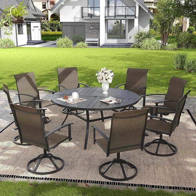 VICLLAX 9 Pieces Patio Outdoor Dining Set, 8 Swivel Textilene Chairs and 60" Round Metal Table with Umbrella Hole for Porch, Deck, Garden, Black/Brown