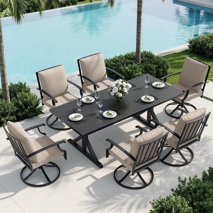 7 Piece Outdoor Dining Set for 6, Metal Patio Table and Chairs with Cushions, Patio Furniture Set with 6 Swivel Chairs, Rectangular Metal Dining Table with Umbrella Hole, Lawn Deck Yard-Sand