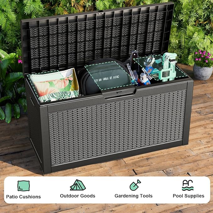 Resin Deck Box Outdoor Storage Box Waterproof for Patio Furniture,Outdoor Cushions,Garden Tools and Pool Supplies (Black, 70 Gallon)