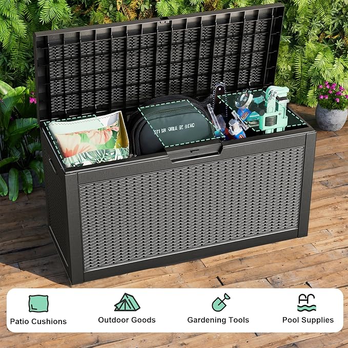 EasyUp 70 Gallon Deck Boxes Outdoor Waterproof, Resin Outside Storage Box for Patio Cushion Furniture Pool Accessories Garden Tools Indoor Outdoor Storage Bench (70 Gallon, Black)