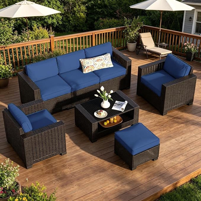 SHGJ&SOFT 7 Piece Outdoor Patio Furniture Set, Wicker Outdoor Sectional Sofa with Washable Cushion Covers and Tempered Glass Table, Rattan Conversation Set for Poolside,Balcony, Porch, Garden
