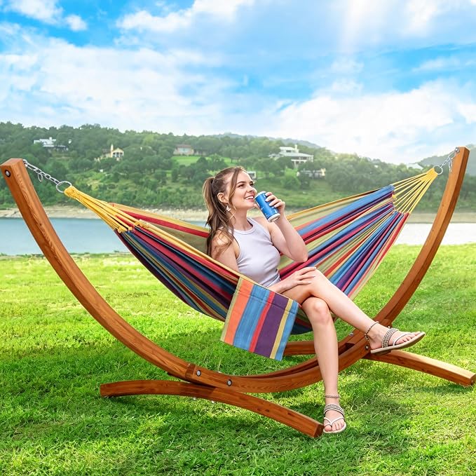 SUNCREAT Portable Hammock with Stand, Two Person Hammock with Stand Included, Rainbow