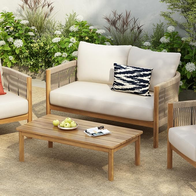 Christopher Knight Home Havets 2 Pieces Conversation Set, Acacia Wood Loveseat and Coffee Table Set, Woven Rope Armchair, Slats Panel End Table, 6" Thick Cushion Couch for Backyard Garden, Teak+Beige