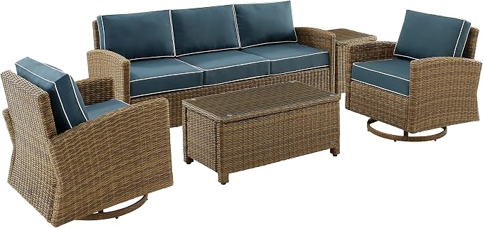 Crosley Furniture Bradenton 5-Piece Wicker Outdoor Sofa and Swivel Rocker Patio Furniture Set for Porch, Brown with Navy Cushions