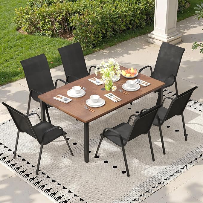 7 Pieces Outdoor Dining Set, 63" Rectangular Table with Umbrella Hole & Stackable Patio Dining Chairs, Patio Table and Chairs Set for Deck Garden Porch, Black Chairs & Walnut Table