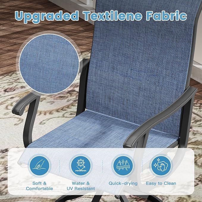 DIFY Patio Table and Chairs Set for 4, 5 Piece Outdoor Dining Set, 40.6" Black Round Metal Dining Table with Umbrella Hole and 4 Blue Textilene Swivel Patio Chairs, for Garden Backyard Deck