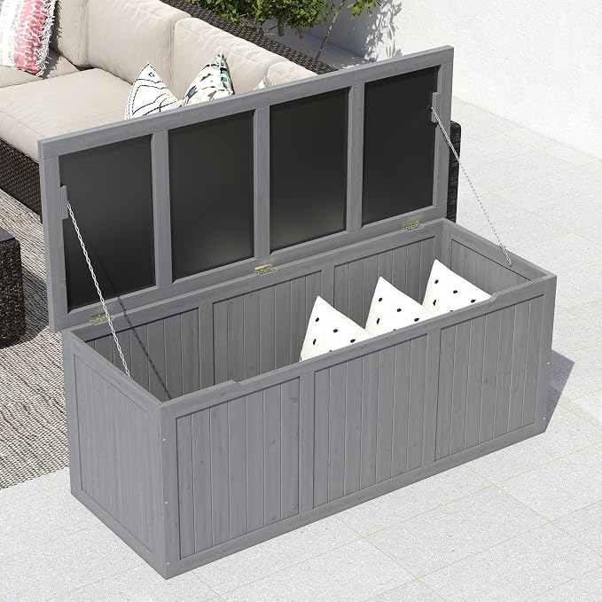 112 Gallon Outdoor Wooden Deck Box Solid Wood Storage Box Seat Table Top for Patio Furniture Cushions, Pool Toys Garden Tools