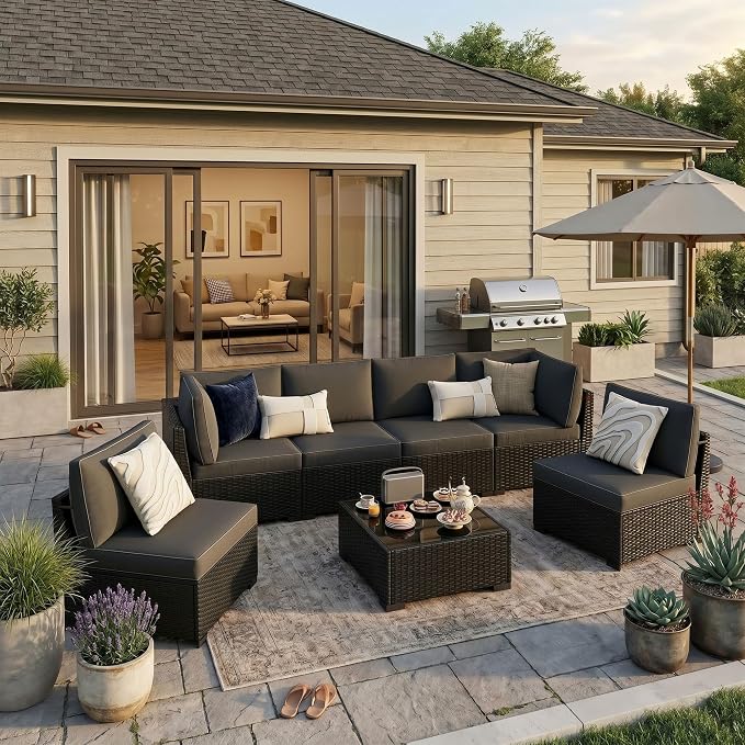 KIGOTY 7-Piece Patio Furniture Set, All-Weather PE Rattan Outdoor Sectional Sofa, Modular Wicker Conversation Set with Thick Washable & Easy-Clean Coffee Table（Black/Black-X）