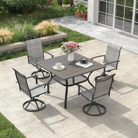 VICLLAX Outdoor Table and Chairs Set for 4, Patio Dining Set of 37.8" Metal Square Patio Table with Umbrella Hole & 4 Swivel Outdoor Dining Chairs for Backyard Lawn, Grey & Antique Grey
