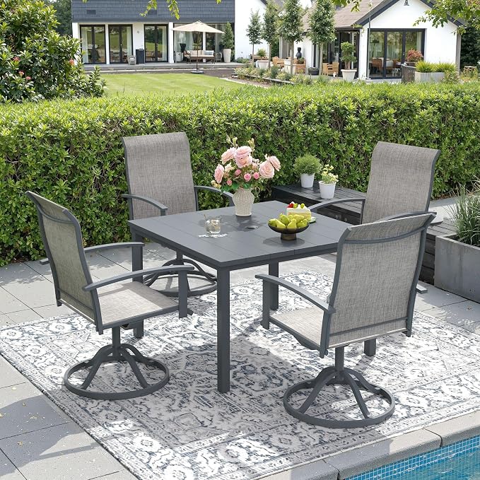 DIFY 5 Pieces Outdoor Dining Set, Metal Patio Table and Chairs Set for 4 with Umbrella Hole, 40.2" Square Outdoor Table and Textilene Swivel Patio Chairs for Garden, Backyard, Poolside, Grey