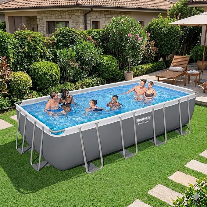 Bestway Power Steel 18’ x 9' x 48” Above Ground Pool, Rectangular Metal Frame Outdoor Swimming Pool Set with Filter Pump, Ladder, and Cover