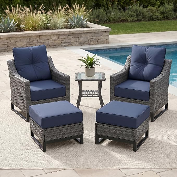 5-Piece Outdoor Patio Furniture Set, Grey Wicker Conversation Set with 2 High-Back Chairs, 2 Ottomans and Side Table, 6-Inch Blue Cushions for Porch, Deck, Backyard