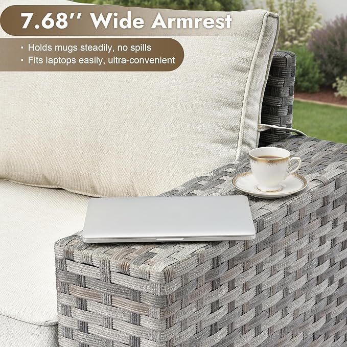 9 Pieces Patio Furniture Set, Wicker Outdoor Sectional Sofa with Swivel Chair Comfy Cushions, Modern Modular Deep Seat Rattan Couch Conversation Set for Backyard Porch Yard,Beige
