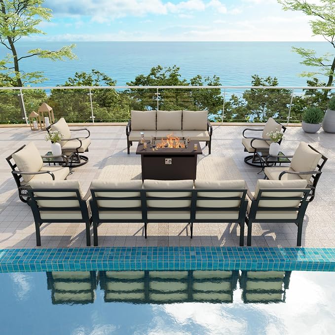 11-Piece Outdoor Furniture Set, Metal Swivel Rocking Chairs with All-Weather Cushions, Patio Conversation Set with Fire Pit Table for Deck, Porch, Garden, Backyard, Poolside (Beige Cushions)