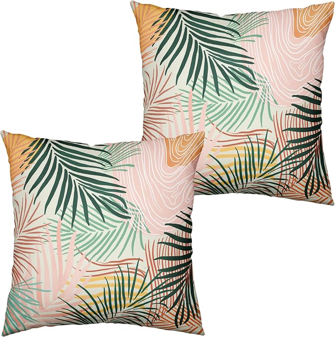 Colorful Abstract Pillow Covers Pink Green Tropical Palm Tree Leaves Throw Pillow Covers Modern Art Pillowcase 20x20 Set of 2 Neutral Cushion Case for Indoor Outdoor Couch Sofa