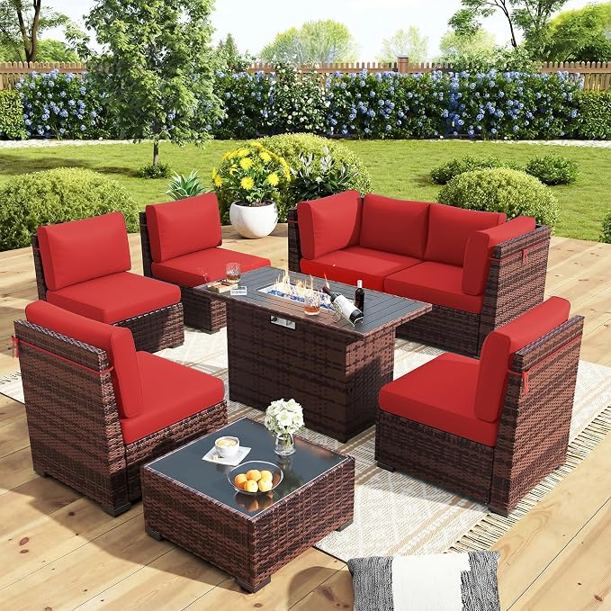 Outdoor Patio Furniture Set with 44" Fire Pit Table 8 Pieces Rattan Patio Sectional Sofa Conversation Set w/55000 BTU Propane Gas Fire Pit, Coffee Table, 2 Waterproof Covers, Red