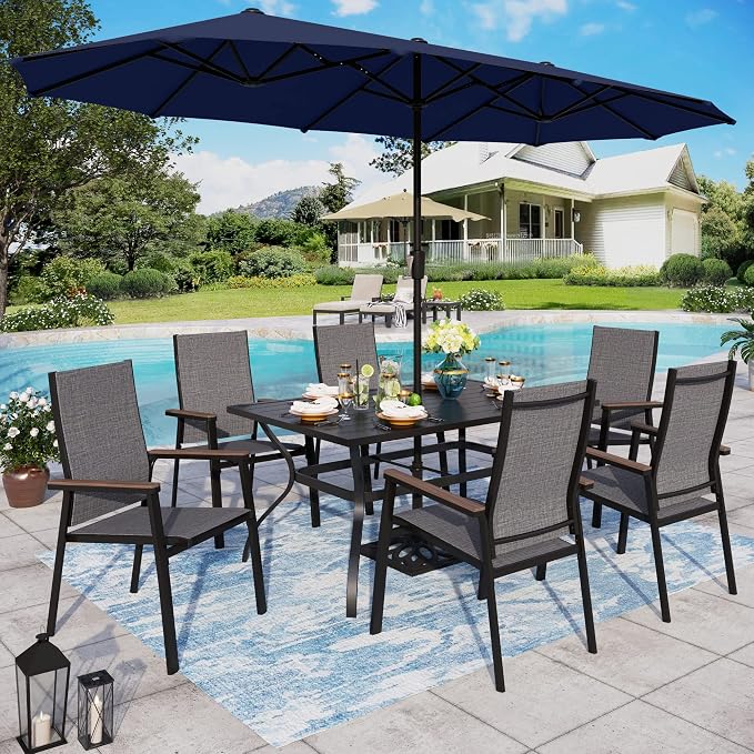 Sophia & William Patio Dining Set for 6 Patio Furniture Set 8 Pieces with 13ft Double-Sided Patio Umbrella Blue, 6 x Aluminum Patio Dining Chairs, 1 Metal Patio Dining Table for Lawn Garden Backyard