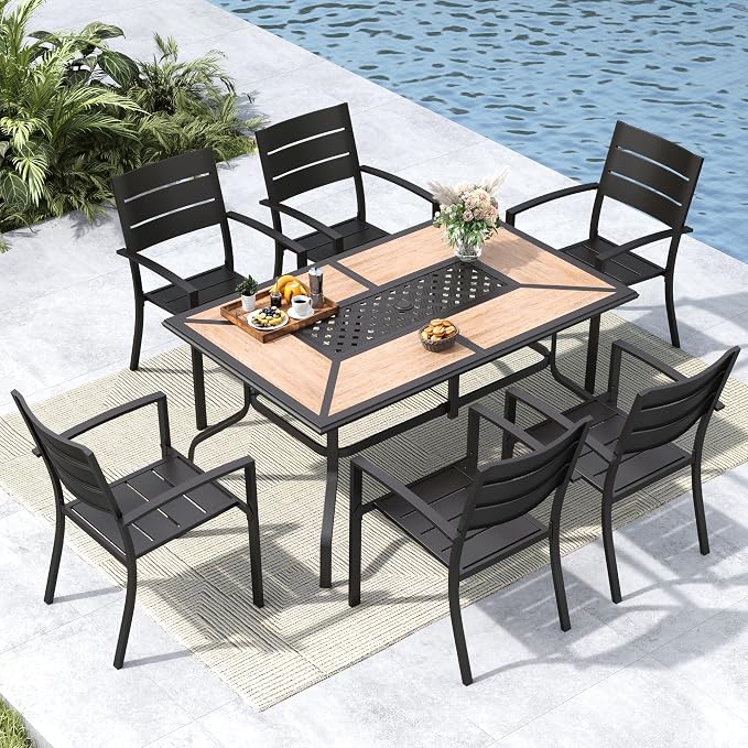 MFSTUDIO Outdoor Dining Set for 6, Metal Patio Table and Chairs Set, 7 Piece Wrought Iron Patio Furniture Dining Set for Deck Backyard Garden