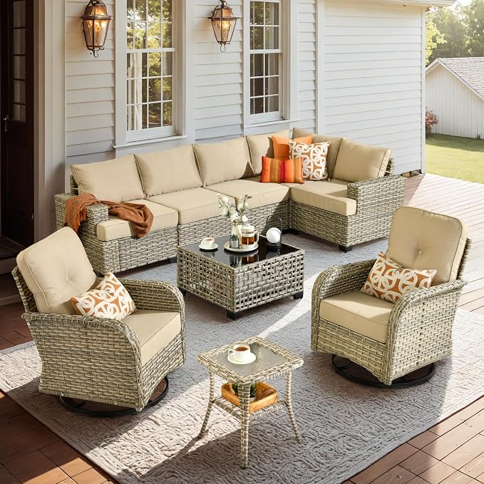 CAODOC 9 Piece Patio Furniture All Weather 7-Seater Outdoor Sectional Sofa with Patio Swivel Chairs and Solar Powered Coffee Table for Porch,Garden,Backyard,Deck(Tan)