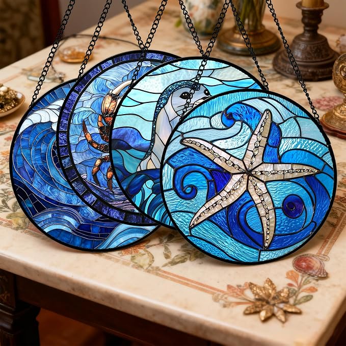 DASTOLL Stained Glass Window Hanging 4 Pcs Set Blue Ocean Waves 6.3" - Starfish Crab Seal Suncatcher Door Garden Sun Catcher Decor Birthday for Mom Woman Nana Men Friend