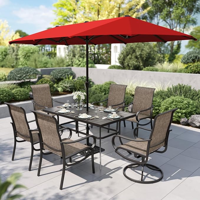PHI VILLA 8 Pcs Outdoor Dining Set with 13ft Umbrella, Mesh Patio Chairs | 59'' rectangular metal table, 2 swivel & 4 fixed patio chairs and 13ft orange red umbrella(NO BASE) for deck, garden, yard