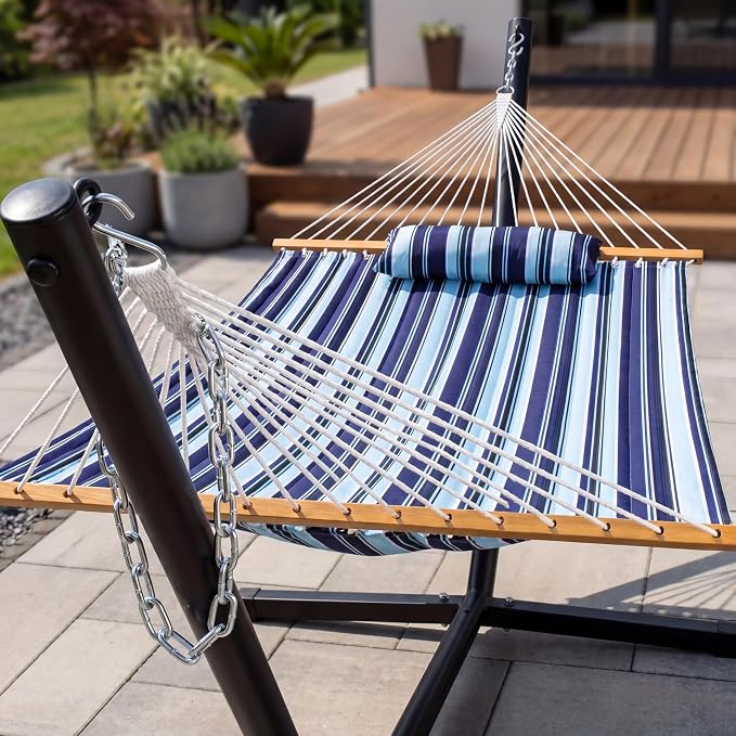 Hammock with Spreader Bar, Pillow & Chains, 450 lbs Capacity, Weather Resistant, for Patio, Backyard, Beach, Outdoor