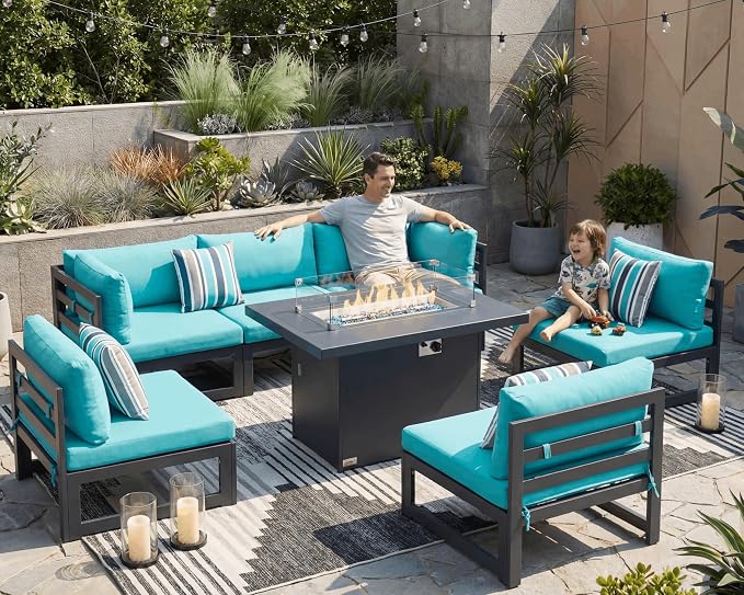 BULEXYARD 6 Person Large Modern Aluminum Outdoor Patio Furniture Set with Fireplace, 29" Wide Deep Seating, L Shaped Combo Sectional Couch, Water Resistant Conversation Set for Backyard Terrace, Teal