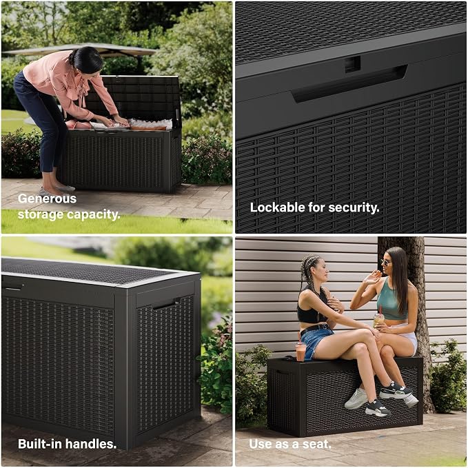 Outdoor Storage Box Waterproof, 100 Gallon Lockable Resin Deck Box Large, Patio Storage Bin for Pool Accessories Cushion Furniture, Garden Tools, UV-Resistant Outside Delivery Black