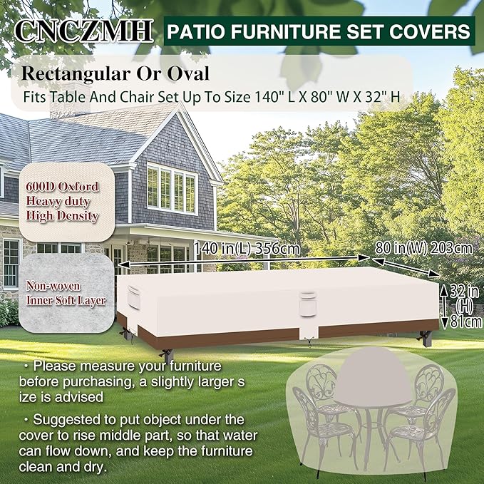 Heavy Duty Patio Furniture Covers Waterproof, 600D Outdoor Furniture Cover Waterproof for Sectional Sofa Couch, Outdoor Dining Table and Chair Set Covers 140''L x 80''W x 32''H, Beige Brown