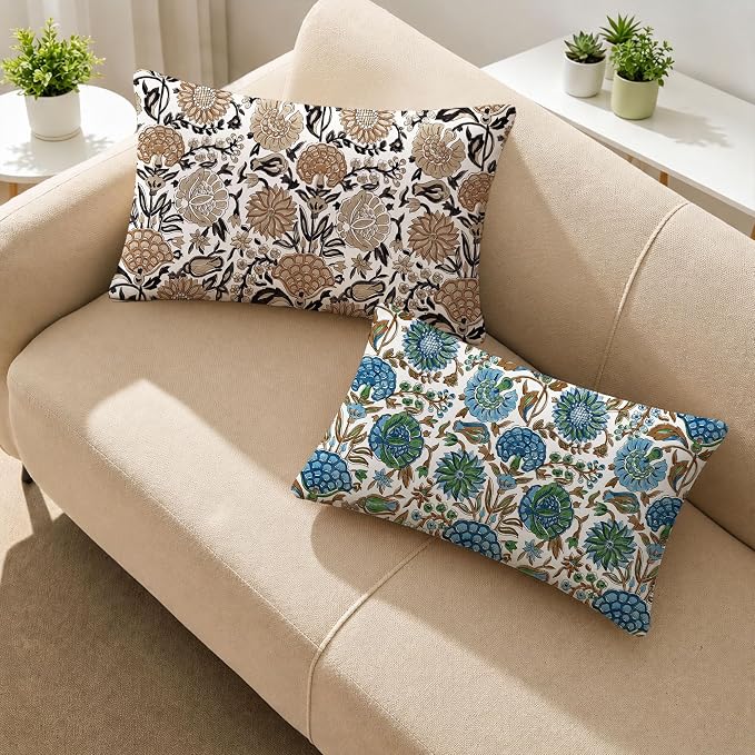 Allorry Outdoor Waterproof Pillow Covers 12x20 Blue Floral Outdoor Decor | Set of 2 Vintage Floral Block Print Pillow Cover,Farmhouse Boho Decorative for Spring Summer Outdoor Sofa Bedroom Decor