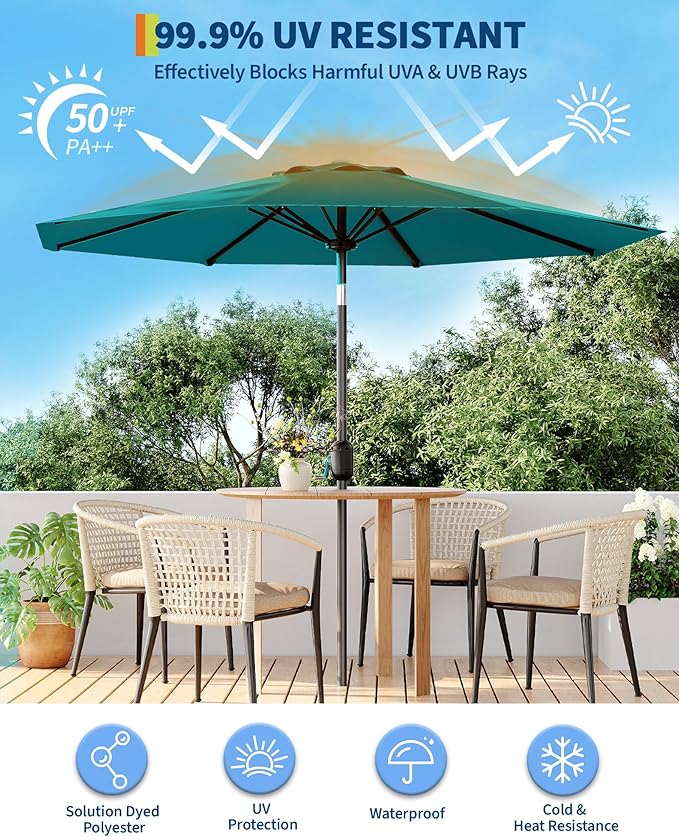 PeakPursuit 9FT Patio Umbrella Outdoor, Market Umbrella, Table Umbrella with Push Button Tilt and Crank, 8 Sturdy Ribs UV Protection Waterproof for Garden, Pool, Deck, Backyard