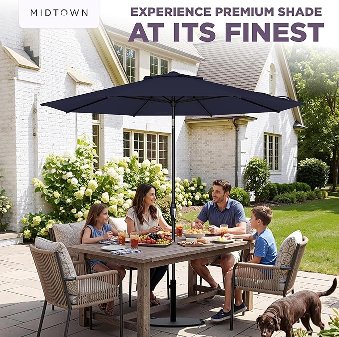 The Swilt 9 Feet Outdoor Umbrella With Terylast Navy (Navy Blue) Polyester Fabric - Fiberglass Ribs, Auto-Tilt And Swivel Aluminum Frame Patio Umbrella For Deck, Garden, Pool - Black Pole