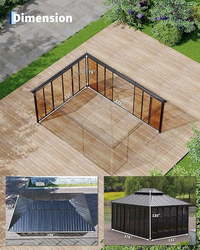 12x16 ft Hardtop Gazebo Sunroom, All-Season Outdoor Room with Aluminum Frame, Enclosed Patio Solarium with Polycarbonate Sliding Doors & Double Roof for Backyard, Deck, and Hot Tub Enclosure