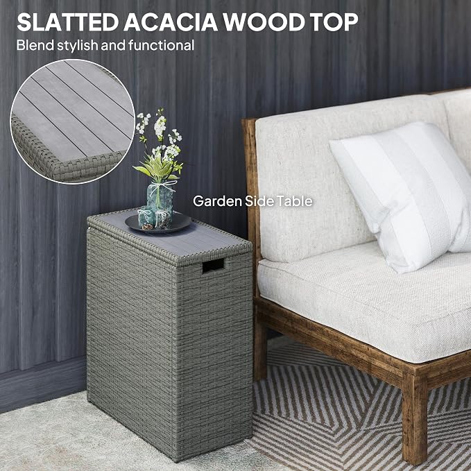 Outsunny 17 Gallon Wicker Small Deck Box, PE Rattan Outdoor Storage Box with Slatted Acacia Wood Flip Top for Indoor, Patio Furniture Cushions, Pool Supplies, Garden Tools, UV Resistant, Gray